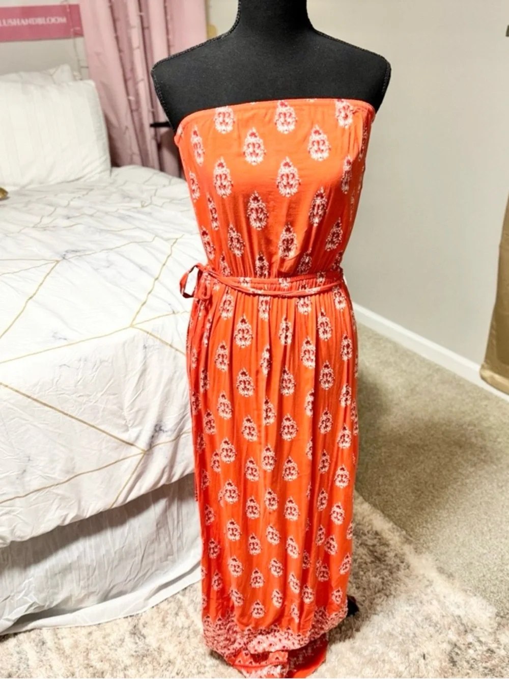 Orange Strapless Maxi Dress Boho Paisley Print Beach Vacation Dress Size Medium - Picture 2 of 4